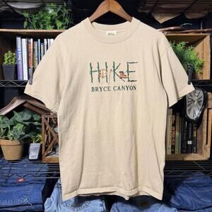Vintage 90s Bryce Canyon Hiking Tee Tan Green Embroidered Nature Shirt Medium